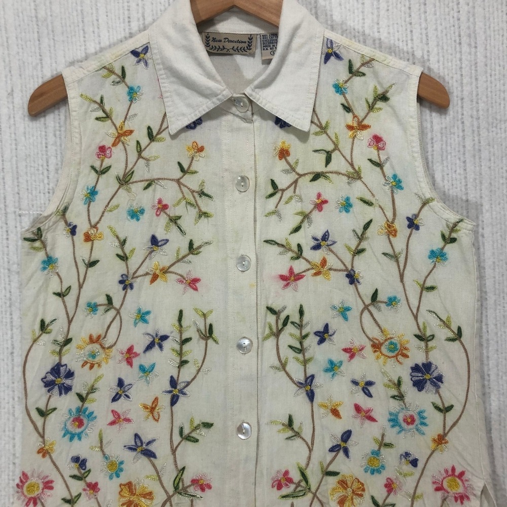 New Direction Womens Small Linen Blend Floral Embroidered‎ Sleeveless Button Top